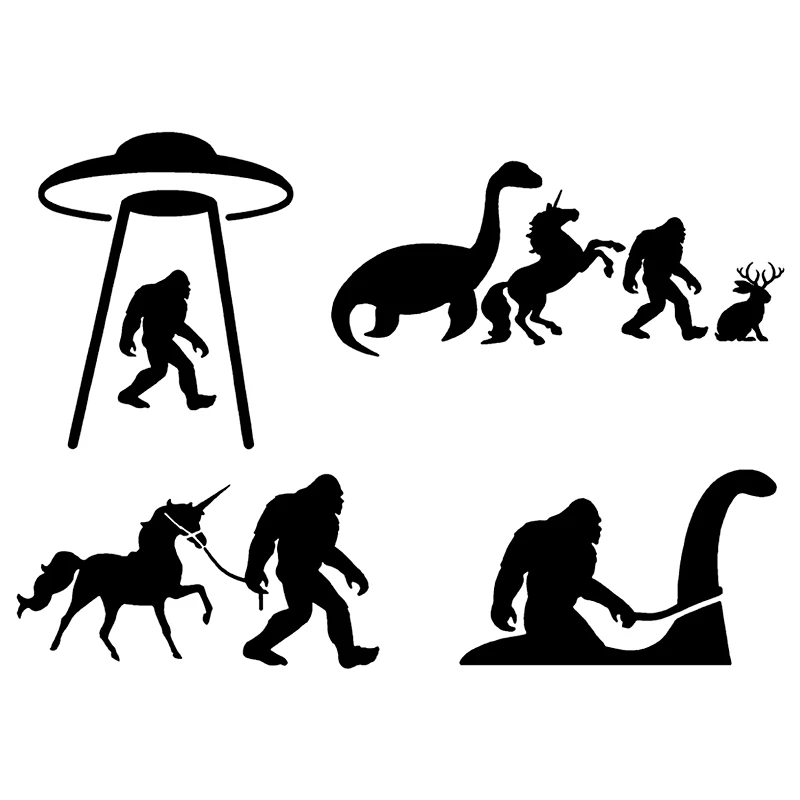 

22022# Sasquatch and Friends Decal 4 Pack Bigfoot, UFO, Loch Ness, Jackalope, Unicorn Car Sticker Waterproof Car Styling Decor