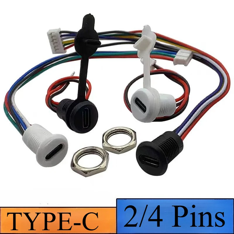 TYPE-C USB Connector 2/4 Pins With 15cm Wire Waterproof Female Seat With PH2.0 Terminal Nut Lock Plate