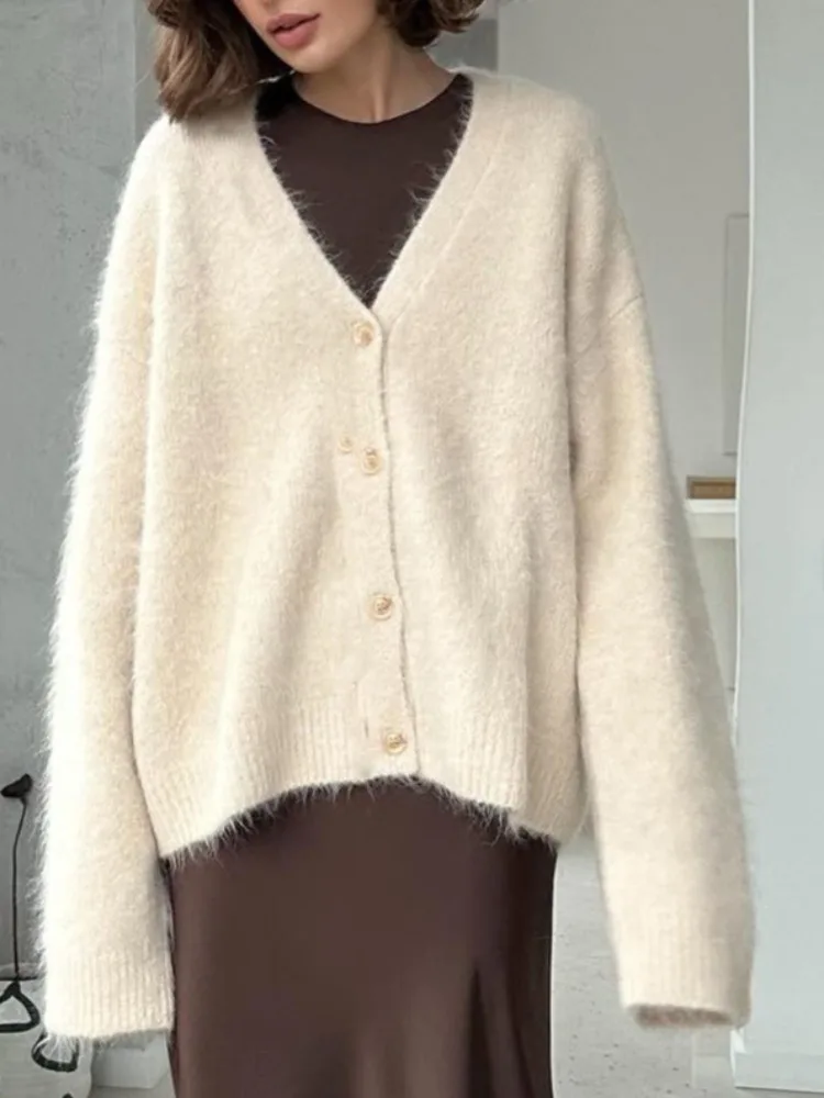 LIinar 2026 Fall Winter New Women's Knit Cardigan Drop-Shoulder Stylish Solid-Color Relaxed-Fit Casual Sweater for The Commute