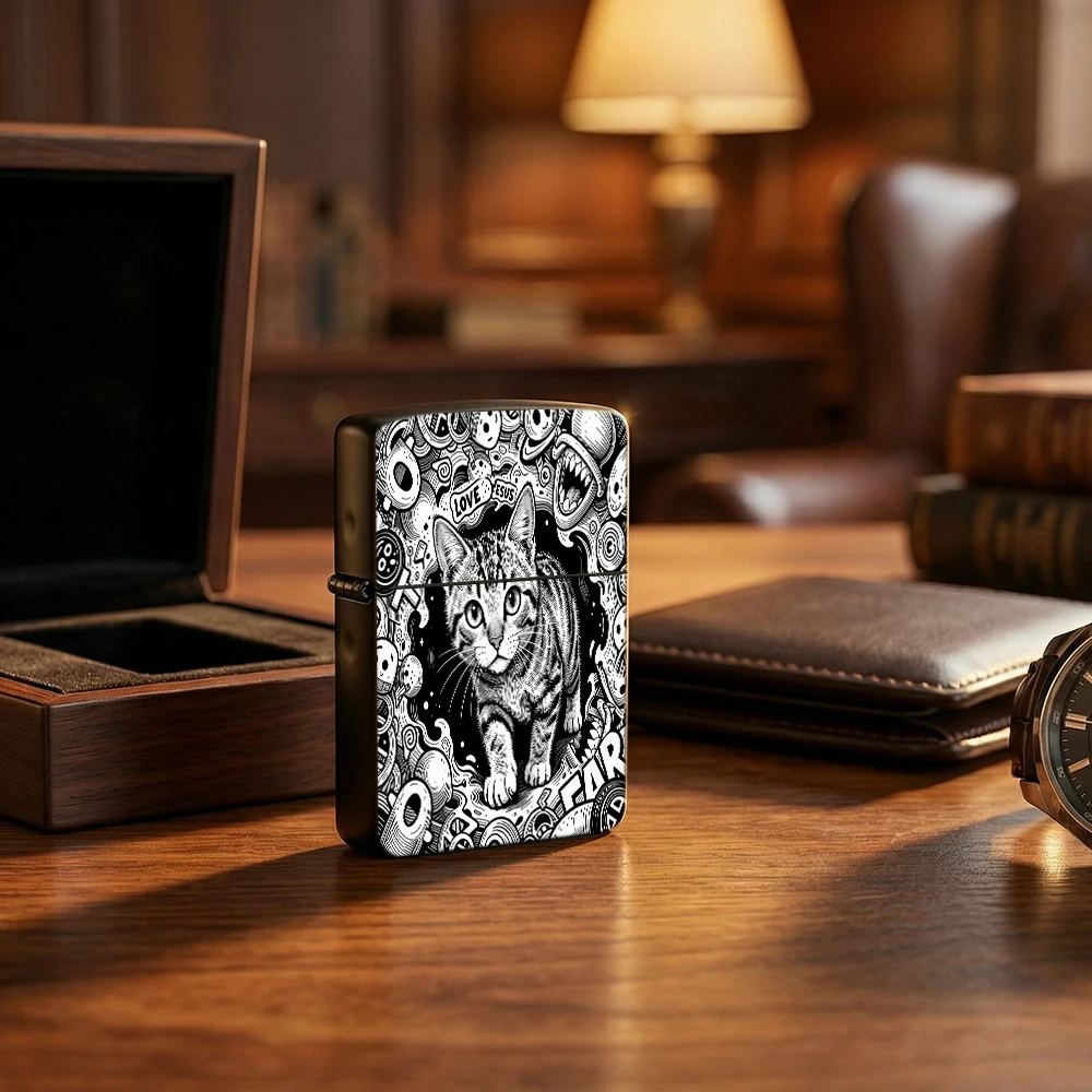 Vintage Collectible Lighters - Flip Top Lighter Black White Doodle