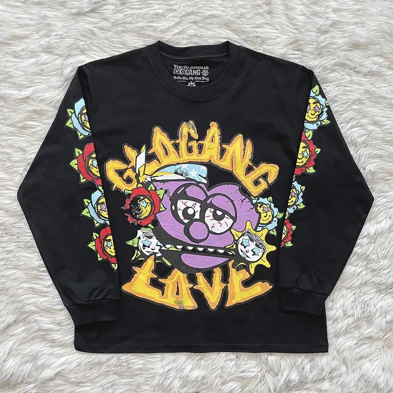 Men Heavy Cotton Long Sleeve T-Shirt Glo Gang Colorful Cartoon Graffiti Front Back Full Sleeve Print Top