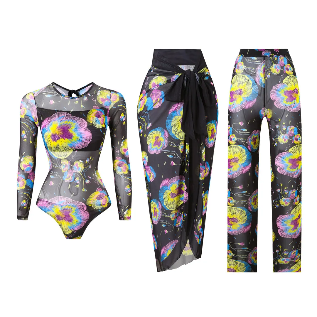 S - xxl 3pcs Новый печатный с длинным рукавом с брюками саронг женщин купальники купальники сами по себе купальный костюм Swim v7180