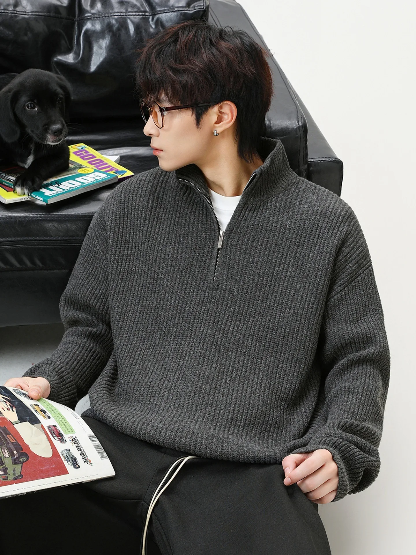 Maglione invernale da uomo vintage con zip a un quarto in pile di peluche finto Sherpa oversize comfort retrò stile americano coppia pullover unisex