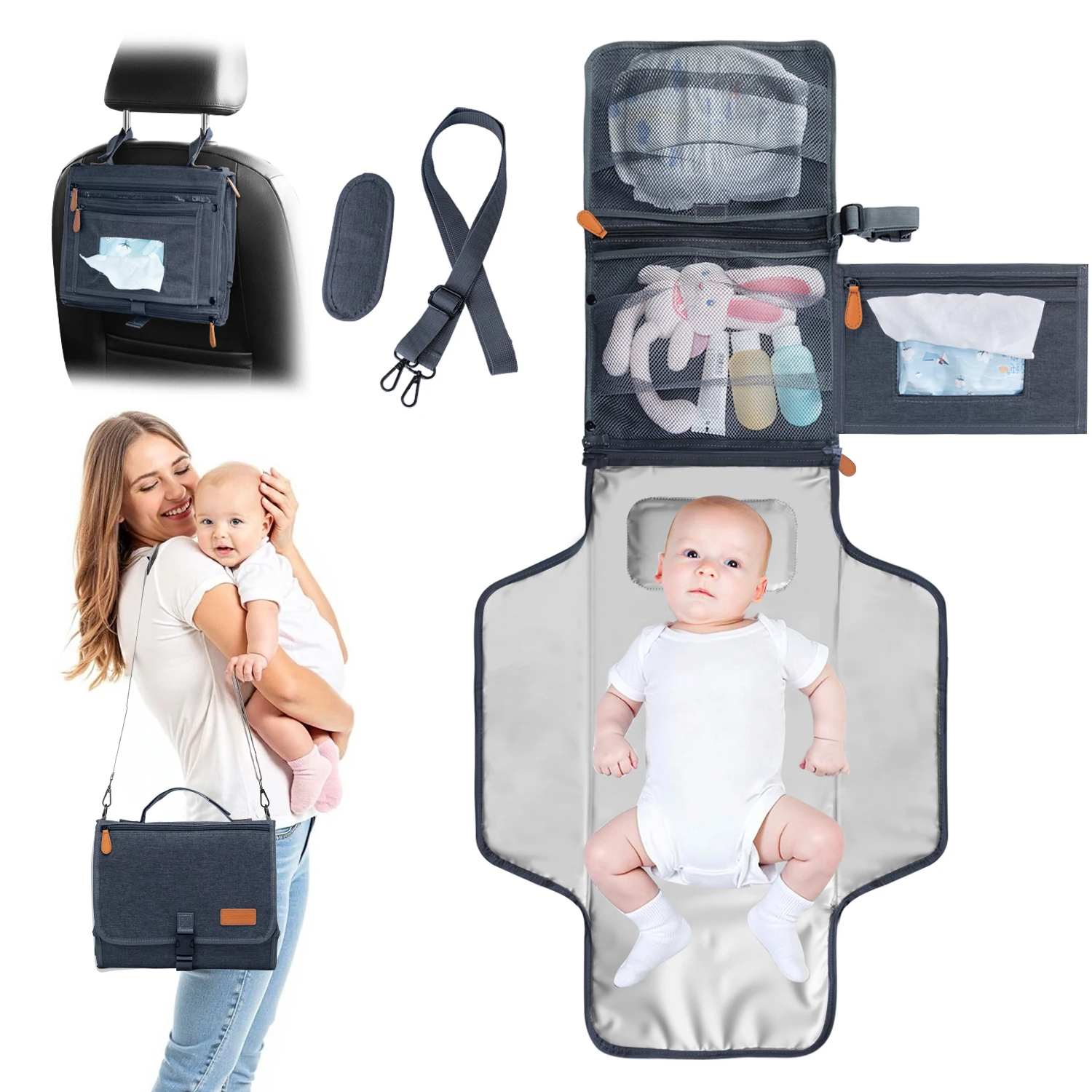 Tragbare Wickelunterlage Reisetasche, Smart Design Wickelmatte mit Feuchttücherfach, Faltbare Baby-Wickelunterlage für Unterwegs