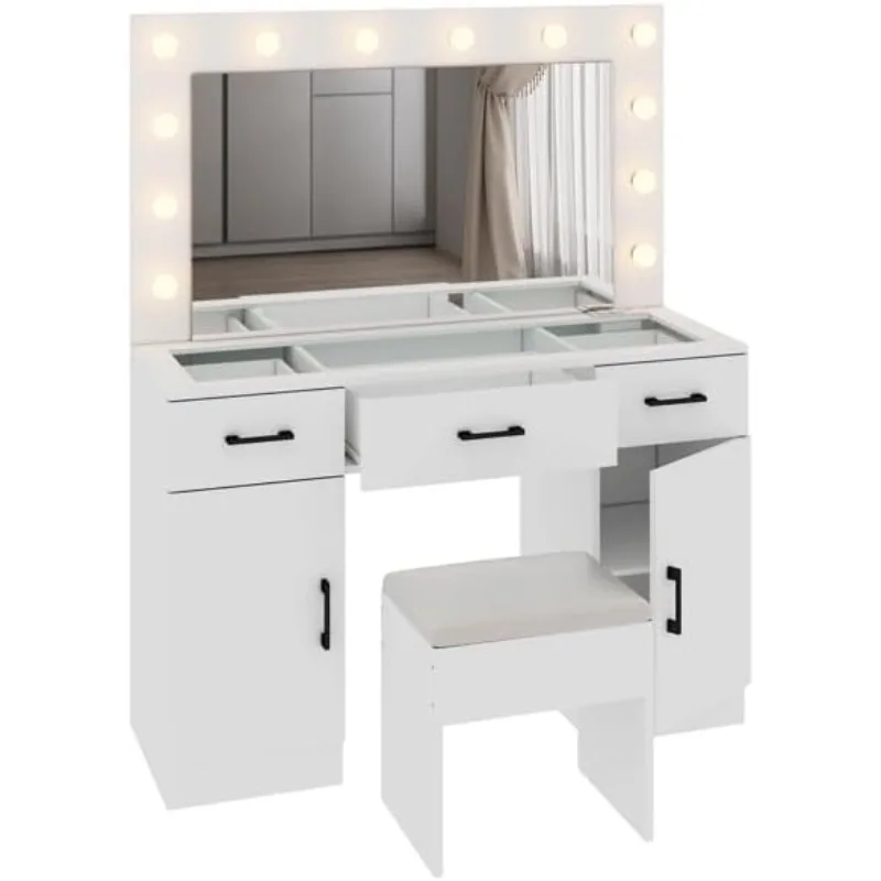 

Large Vanity Desk with Oversized Mirror & Hollywood Lights, Makeup Vanity with Charging Station, Modern Makeup Desk with 3 Drawe