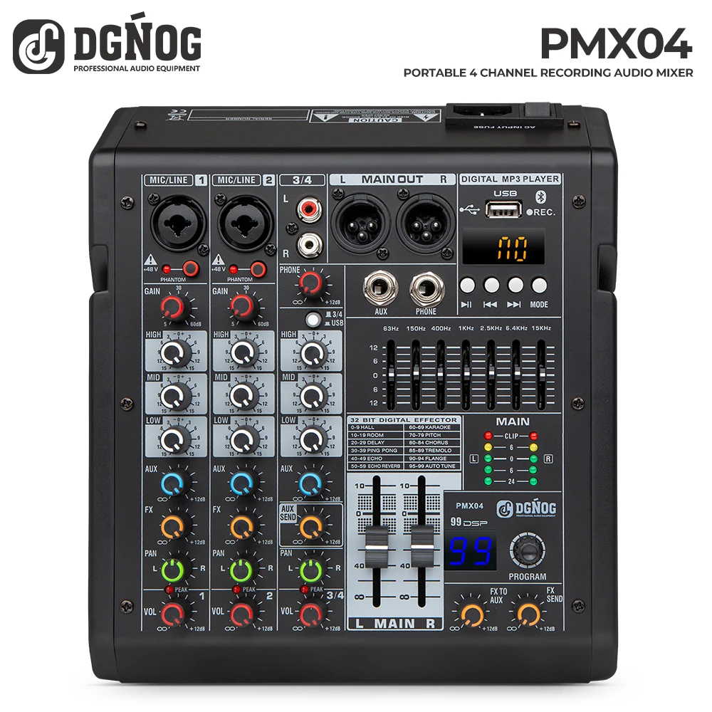 

4 Channel Mixer 99 DSP Digital MP3 Input 48V Phantom Power Supply 7-stage Equalizer with Bluetooth Podcast Recording DGNOG PMX04