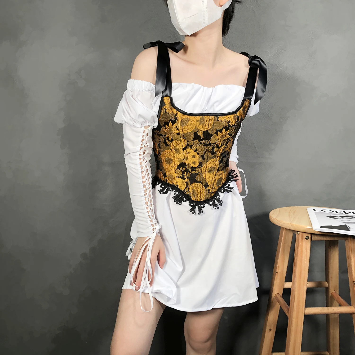 

Fashion Women's Sunflower Printed Tops Sleeveless Backless Irregularity Lace Corset Tops Female Corset