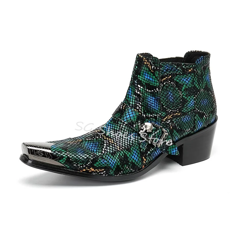 Mixed Color Snakeskin Ankle Boots for Men Fashion Metal Square Toe Party Chelsea Boots Male Leather Boots Buckle Strap Shoes