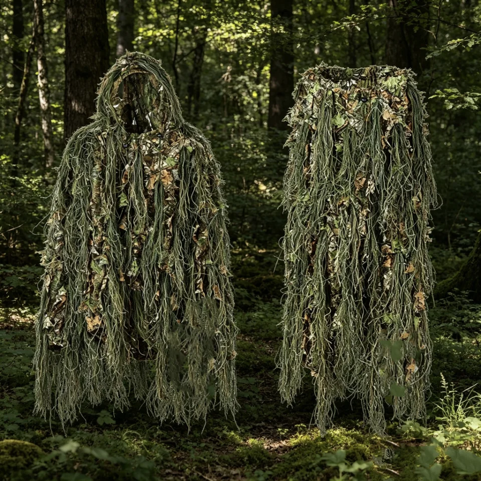 Fyzlcion 3D Bionic Ghillie Suit Full Set Hooded Poncho Cloak + Camo Pants Grass Leaf Camouflage Outfit for Hunting Airsoft Wildl