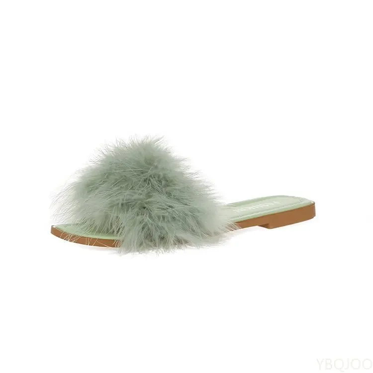 Mules Slippers Women Fashion Square Toe Furry Flat Shoes Office Ladies Slides Flats Green White Pink  Zapatillas Mujer