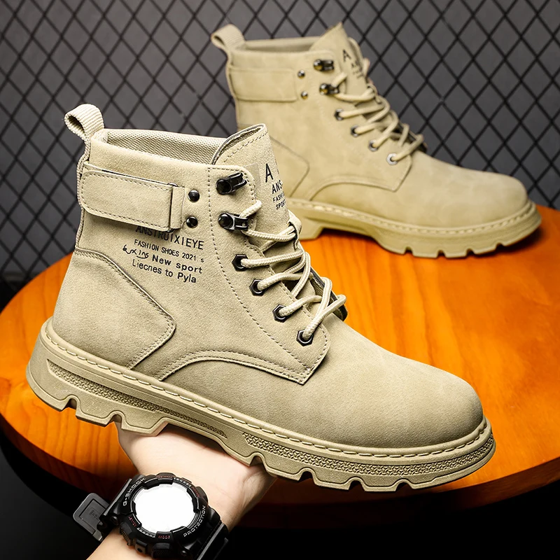 

Vintage Khaki Men's Motorcycle Shoes Autumn Winter High Top Work Shoes Man Comfortable Lace-Up Ankle Boots For Man Tooling Shoes