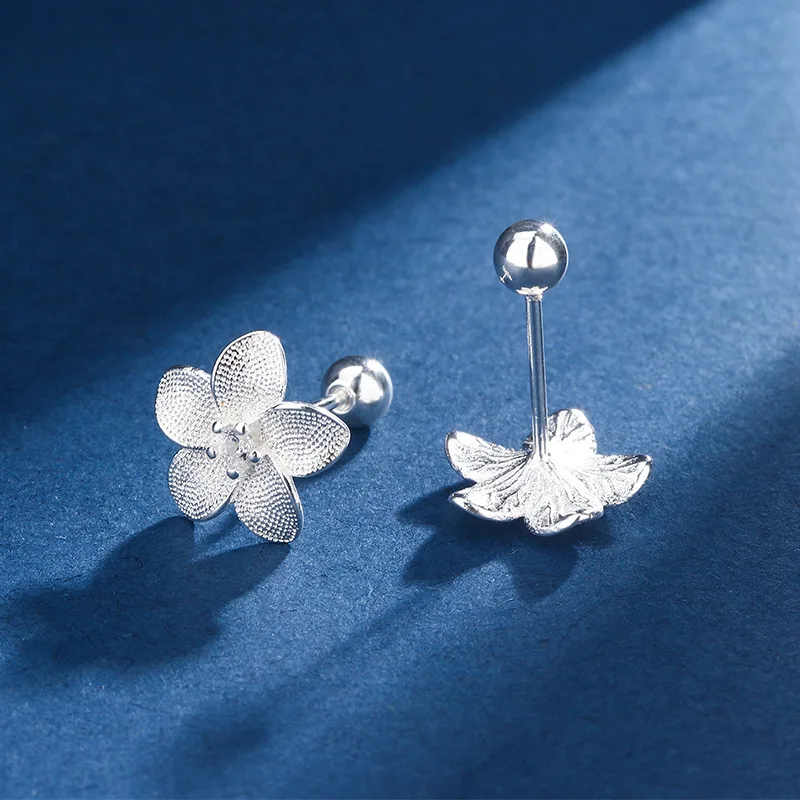 New Creative Silver Color Gardenia Flower Piercing Screw Ball Stud Earrings For Women Girls Charm Party Jewelry Accessories Gift