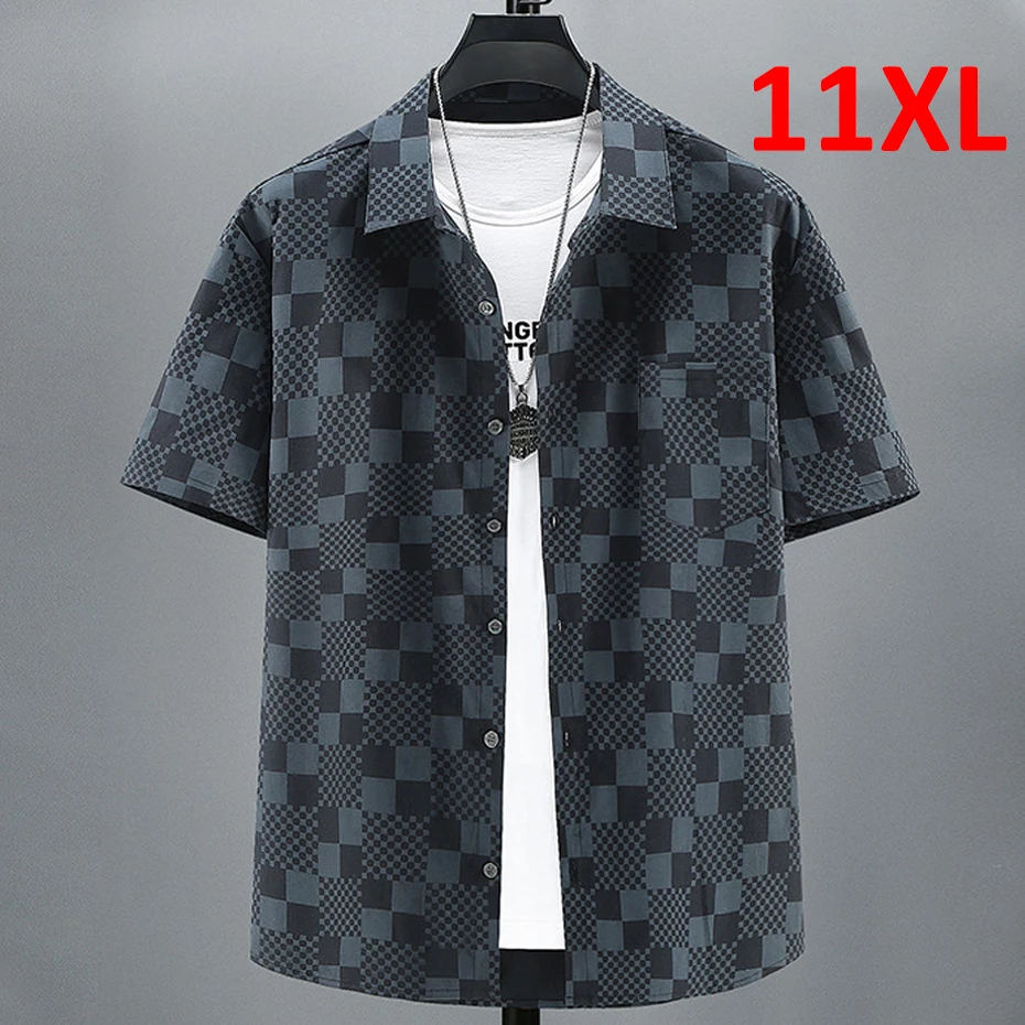 Summer Plaid Shirt Men Plus Size 11XL 10XL Fashion Casual Short Sleeve Shirts Male Hawaiian Beach Shirt Big Size 11XL