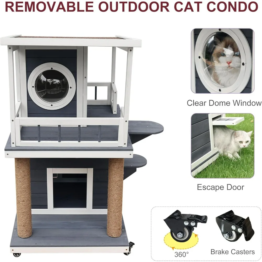 Cat House, 2 Story Cat Houses for Feral Cats Wooden Outside Cats Shelter Weatherproof with Escape Door & Cats Scratching Post