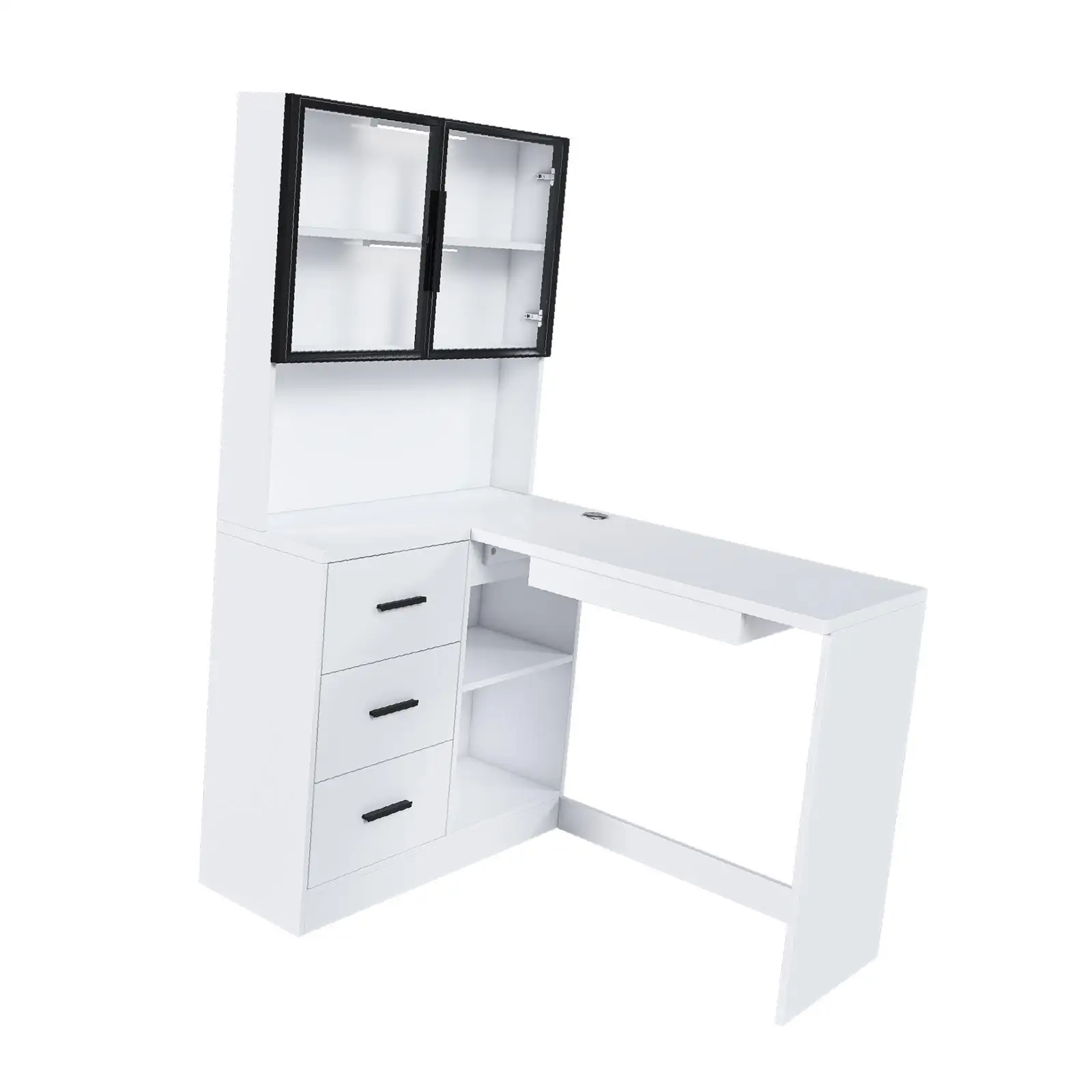 Computer Desk with Glass Cabinets & Built-In LED Lights, Corner L-Shaped
