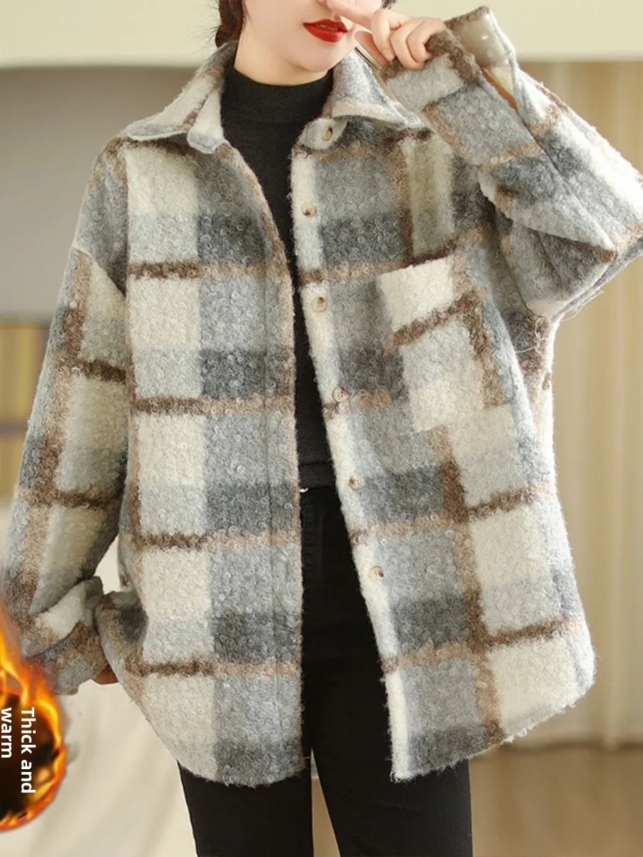 

Chic Cheered Woolen Coat for Women Sli Oversize Cardigan Design Autumn Winter Long Sve Commute Friendly Polyester Co...