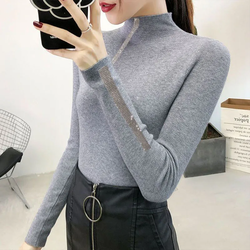 Women Clothing Fashion Elegant Half Turtleneck Pullover Autumn Winter Solid Slim Long Sleeve Sweater Lady Casual Dignified Top