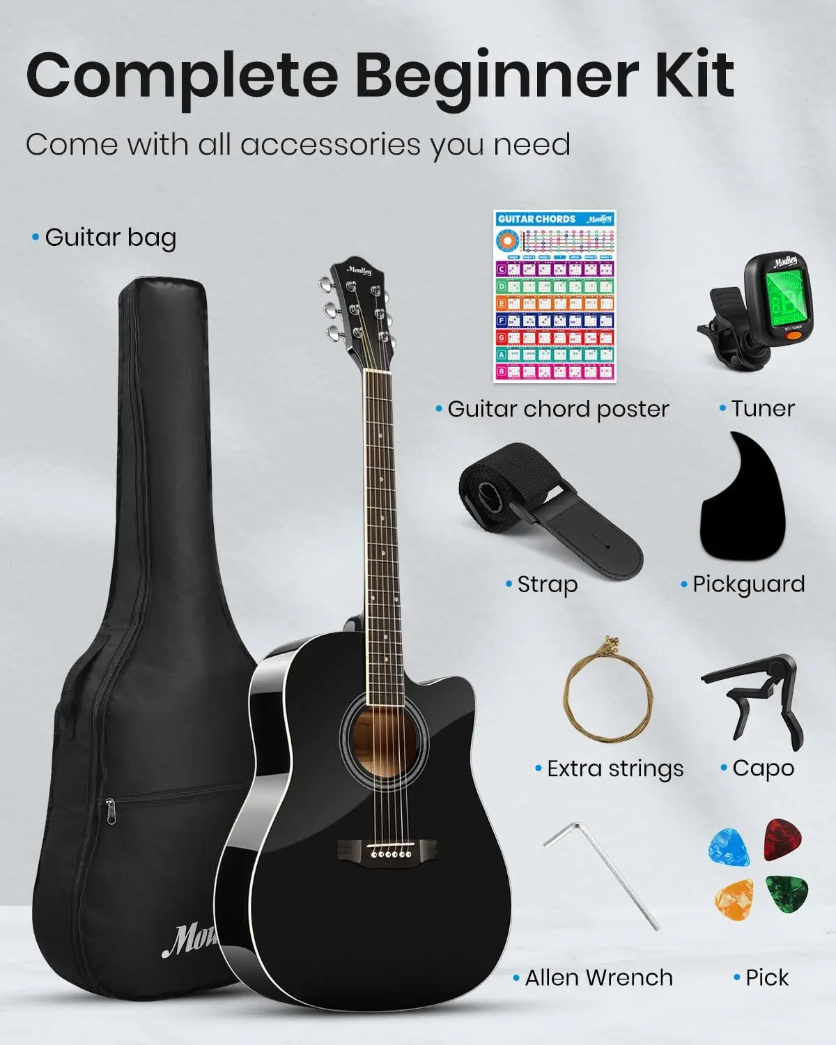 Acoustic Guitar for Beginner Adult Teen Full Size Guitarra Acustica with Chord Poster, Gig Bag, Tuner, Picks, Strings