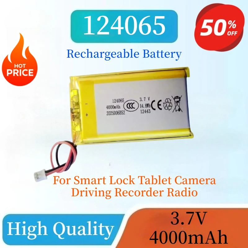 

New 124065 Rechargeable Li-Po Battery 3.7V 4000mAh for Smart Lock Tablet Camera Driving Recorder Radio with PH 2.0mm 2pin Plug