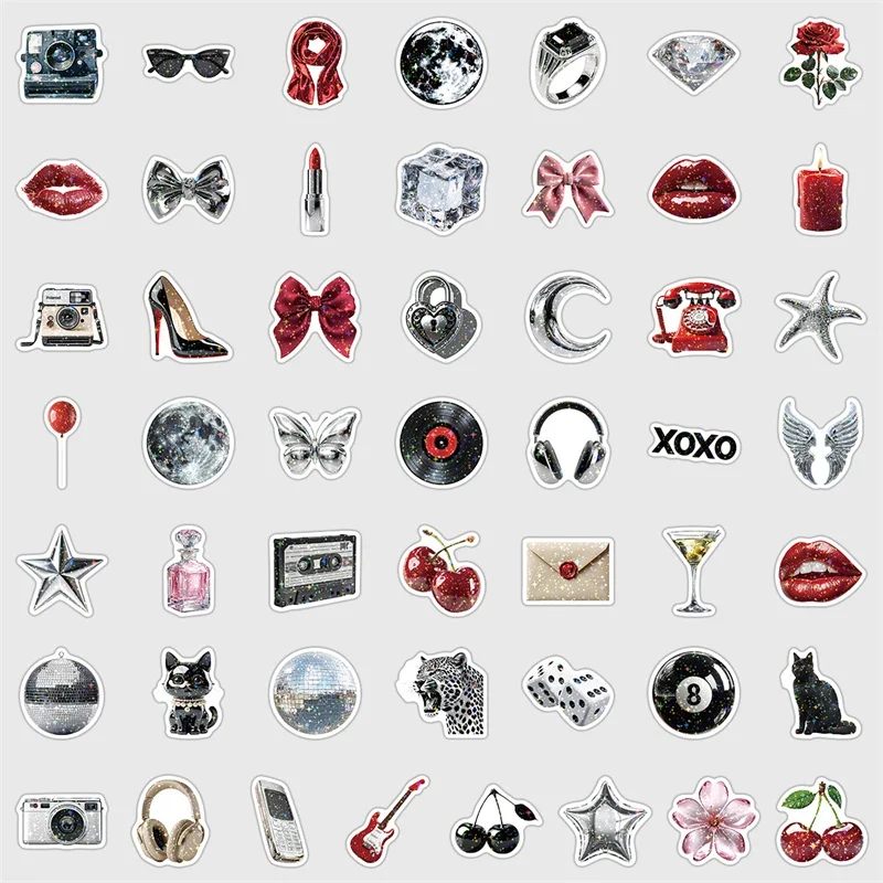 10/30/50PCS Cute Black Sliver Red PVC Sticker Aesthetic Decoration Scrapbooking DIY Laptop Luggage Skateboard Supplies