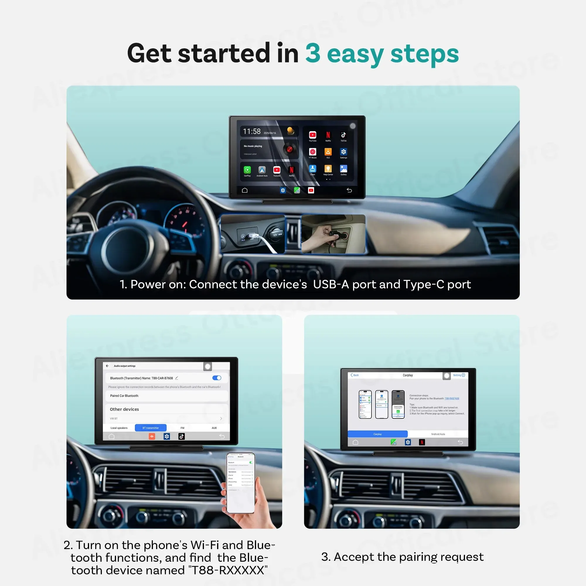 Ottocast Express 9 "Android Car Touch Screen Wireless CarPlay Android Auto لـ Netflix Youtuber Tik Tok ملحقات السيارة العامة