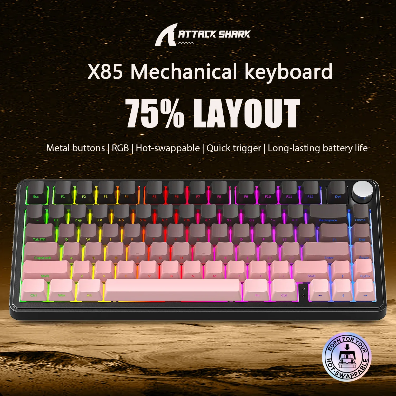 

Hot Sale ATTACK SHARK X85 Gaming Keyboard Wireless with Meta Knobs RGB Bluetooth Tri-Mode Mechanical Keyboard Hot-Swap