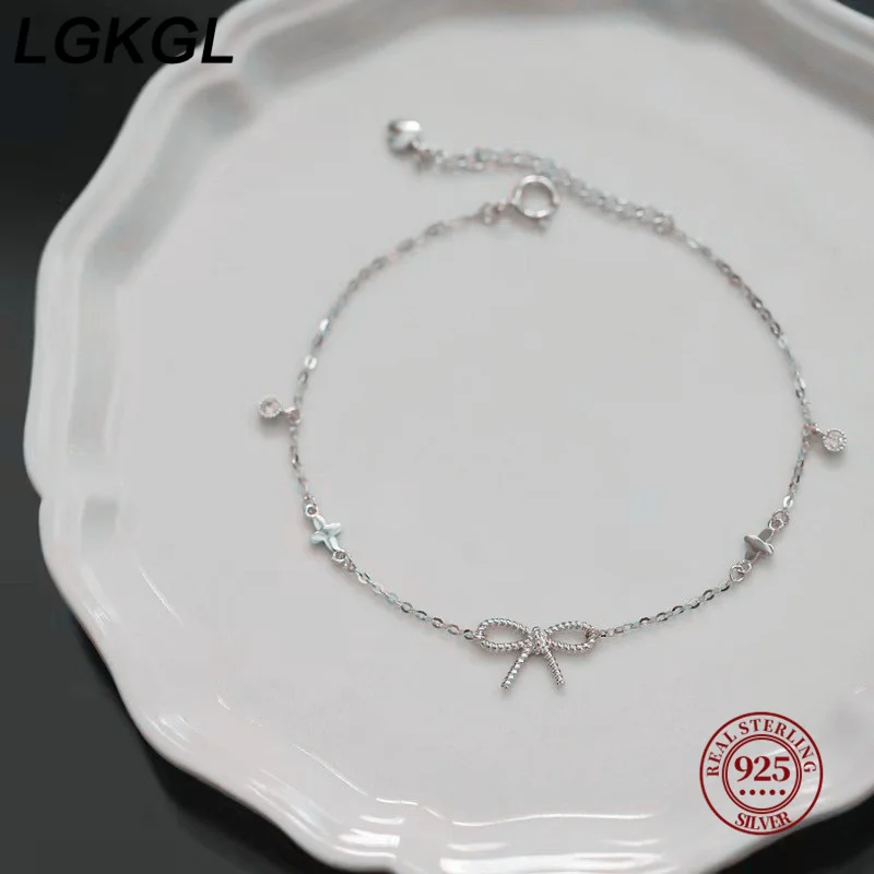 LGKGL 100% 925 sterling silver bow bracelet with 14K gold plated four-leaf clover thin cross simple new style