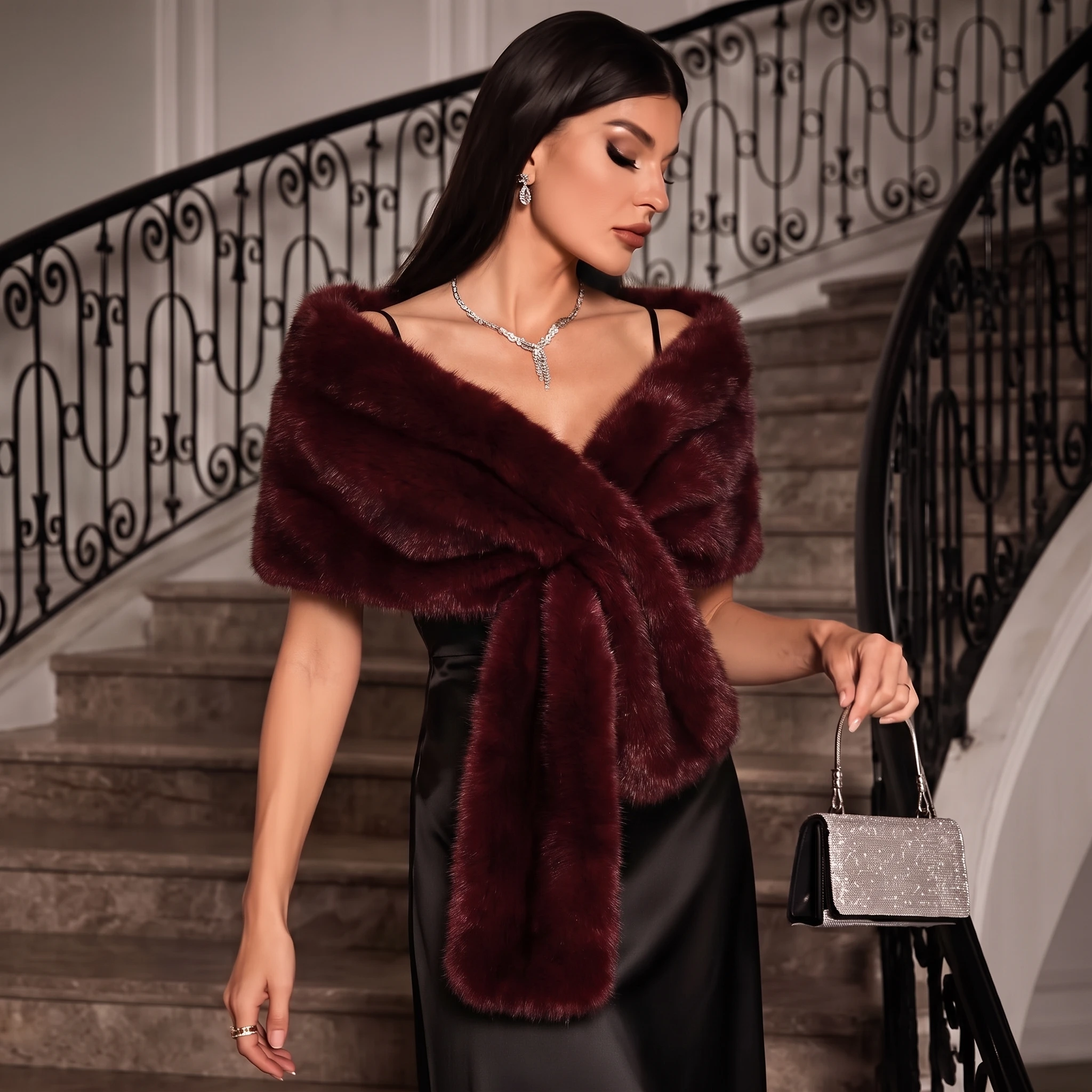 Women Faux Fur Scarf Elegant Fluffy Fur Shawl Wrap Crossover Design Wedding Evening Party Cape Winter Warm Shoulder Cover Gift