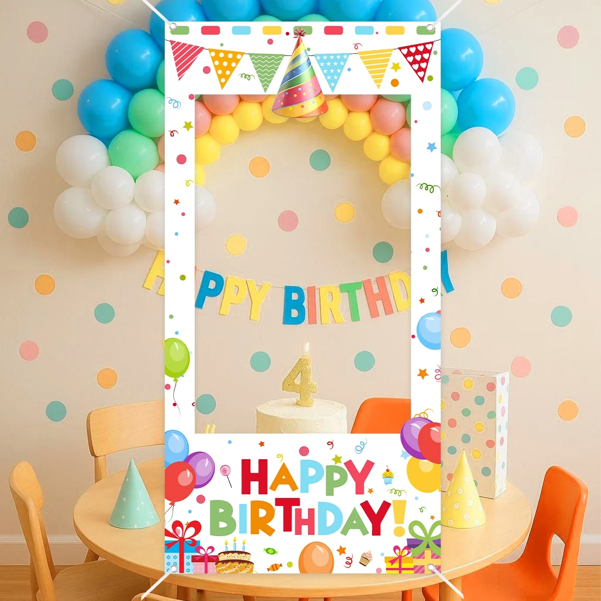 Bunte Happy-Birthday-Fotobox-Requisiten: Rahmen mit Ballonmuster für Erwachsenen-Geburtstagsfeiern, Hintergrund-Dekorationsrahmen – Detail 1