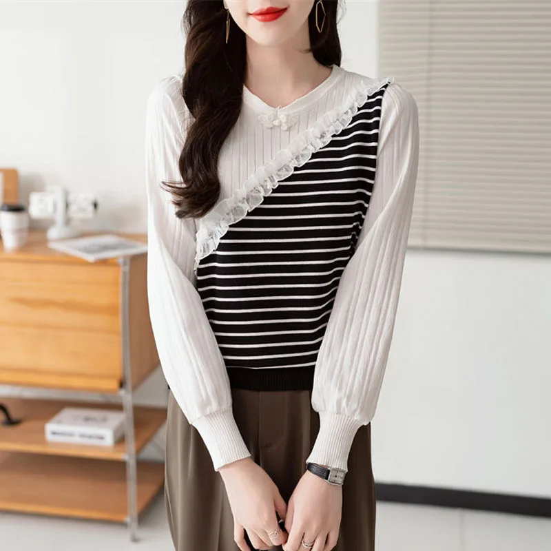 New Spring Fashion Korean Edition Colorblock Stripe Round Neck Loose and Versatile Western Women's Knitted Long Sleeve Sweater