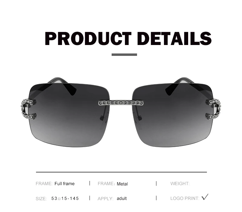 Kenbo Neue Randlose Rechteck Sonnenbrille Frauen Männer Shades Marke Designer Blingbling Diamant Sonnenbrille Retro Rahmenlose Sonnenbrille – Detail 7