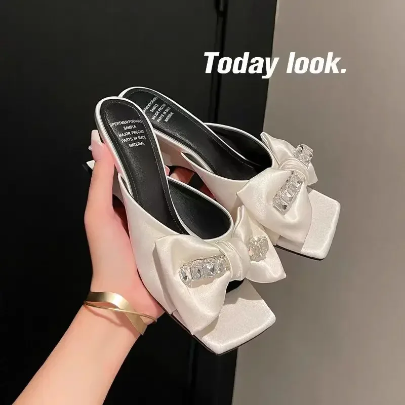 

Women Summer Sandals Luxury African Shaped Heel Comfort Non-Slip Shoes Silk Bow Rhinestone Women's Slippers Zapatos De Mujer