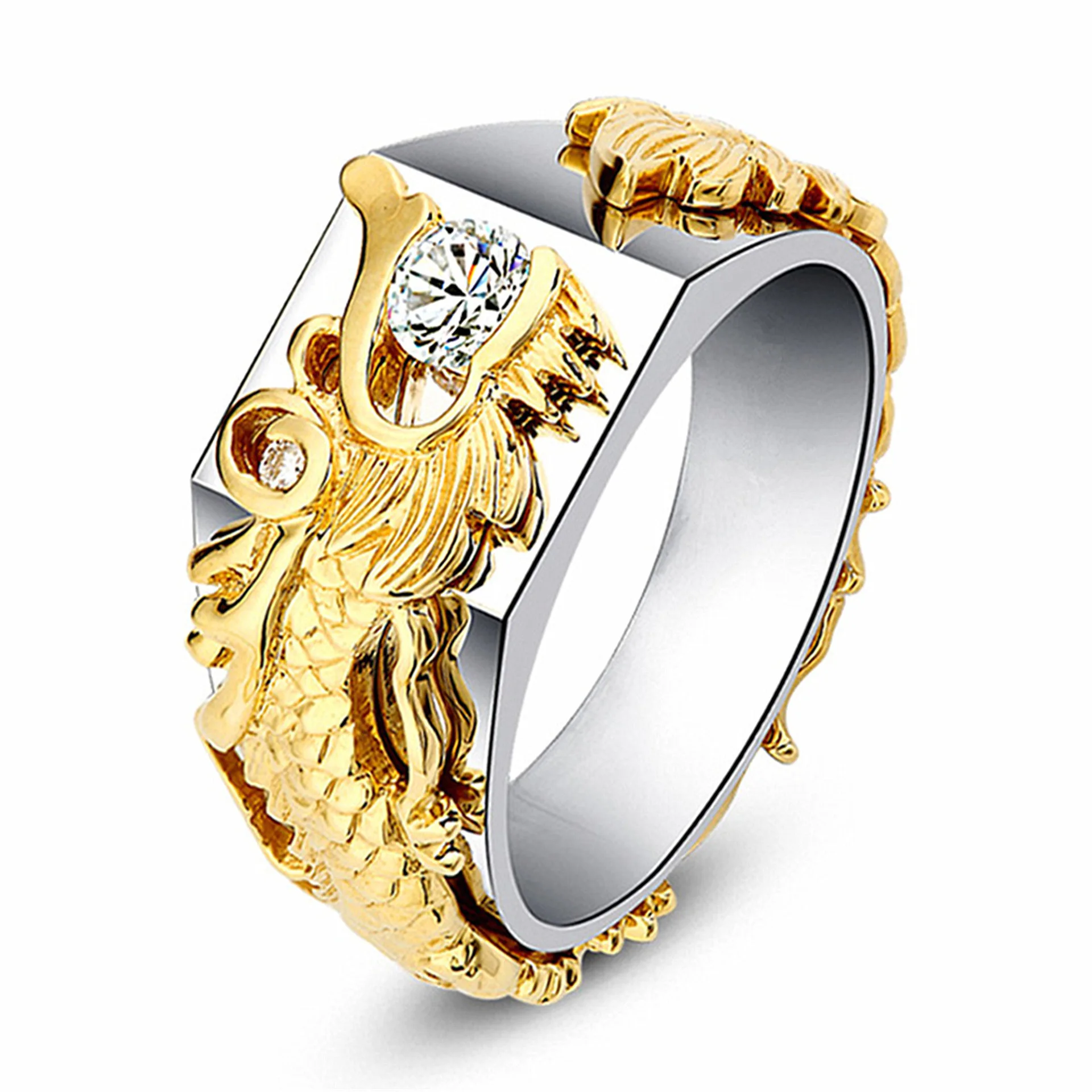 

Luxury 24K 9999 Pure Gold Ba Qi Long Pattern Color Split Ring with Diamond for Men and Women