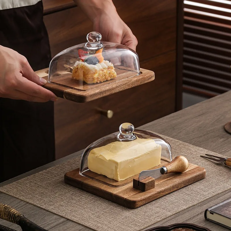 Butterschale aus Akazienholz mit Messer, Käse, Kuchen, Dessertteller, Glasdeckel, Serviertablett für Küche, Esstisch, Frühstücksset