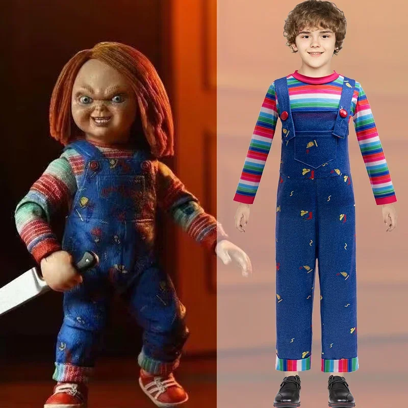 Movie Chucky Doll Cosplay Costume For Kids Striped Top+Print Suspender Dress For Little Girls Horror Halloween Carnival Dress Up