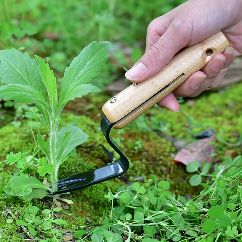 1pc Ergonomic Wooden Handle Manual Weeder - Durable Metal Weeding Tool for Garden, Easily Remove Dandelions and Other Weeds