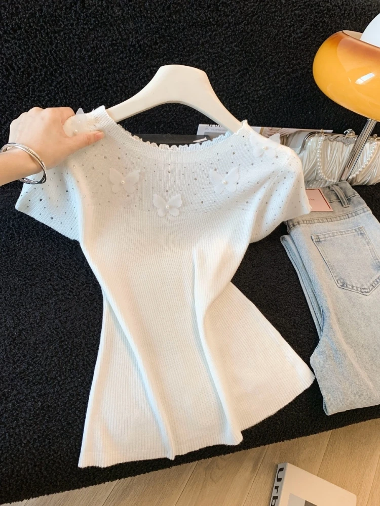 

Heavy Embellished Knot Knitted Short Sleeve T-Shirt Women's Summer New Style High End Sweet Top Self Kept Model