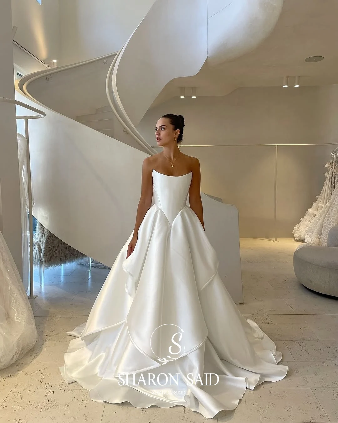 Sharon Said High Quality Elegant A-Line Off White Corsets Wedding Dresses Soft Satin Sweep Train Bridal Gowns SW045 Customized