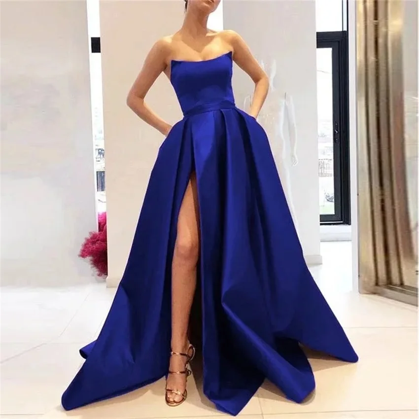 Customized Long Evening Party Gowns Wine Red Women Side Slit Strapless Satin Formal Dress Burgundy Prom Dresses with Pockets