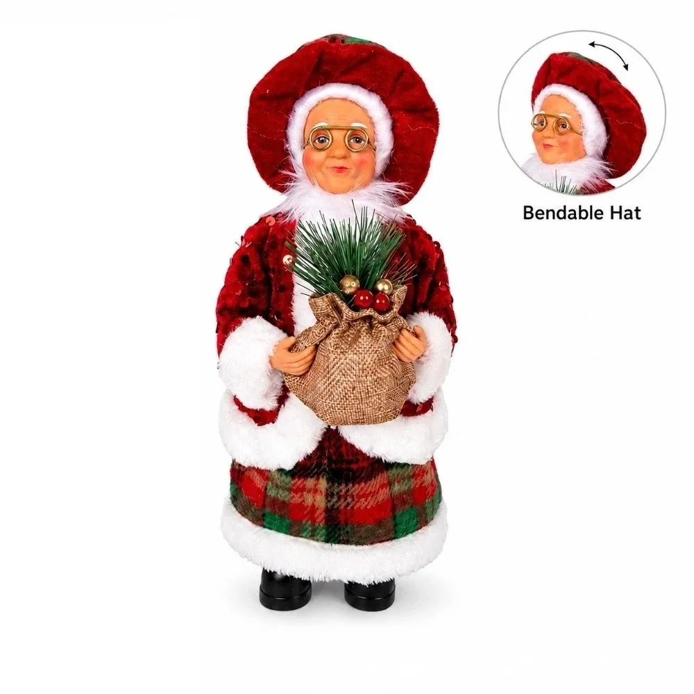Standing & Sitting Mrs. Claus Christmas Statue Pine Berry Red Plaid Sequin Xmas Figurine Faux Wool Felt Ornament Fireplace