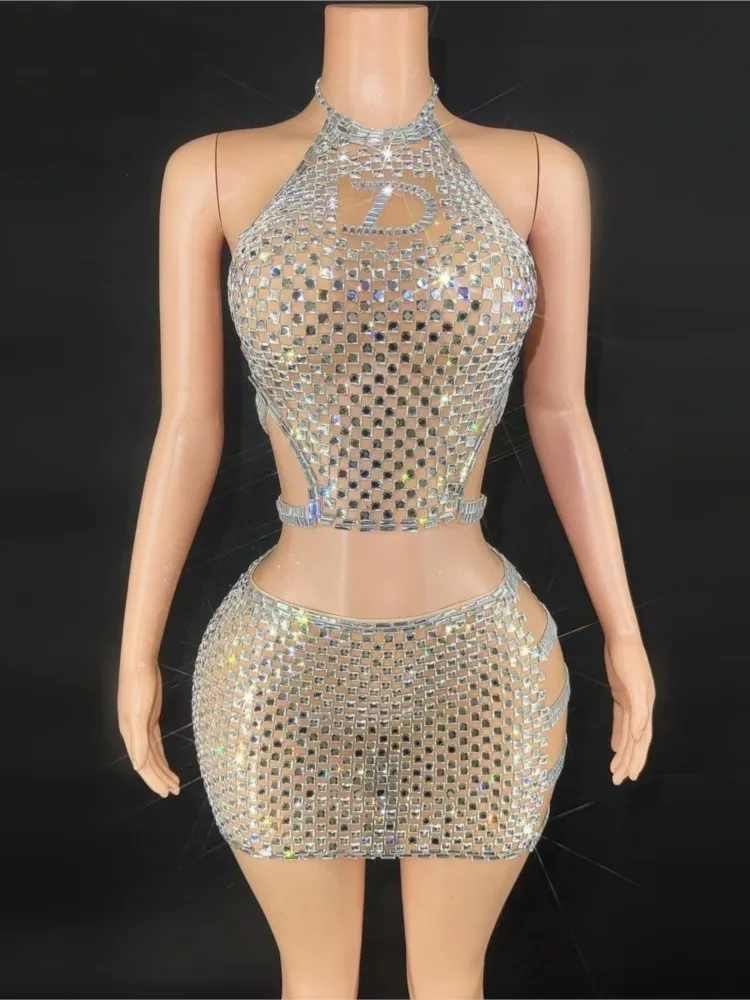 Shinning Crystal Diamonds Sexy Mesh See Through Mini Bodycon Two-Pieces Women Birthday Party Celebrate Performance Costume Suit