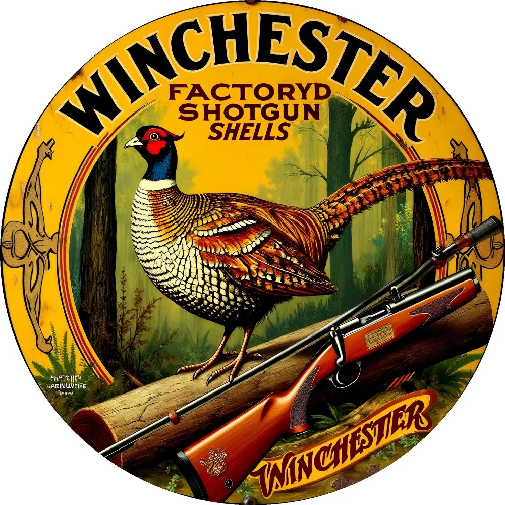 Winchester Factory Shotgun Shells Round Aluminum Sign, 8 Inch Vintage Wreath Decor for Kitchen Garden Room, Pre-Drilled