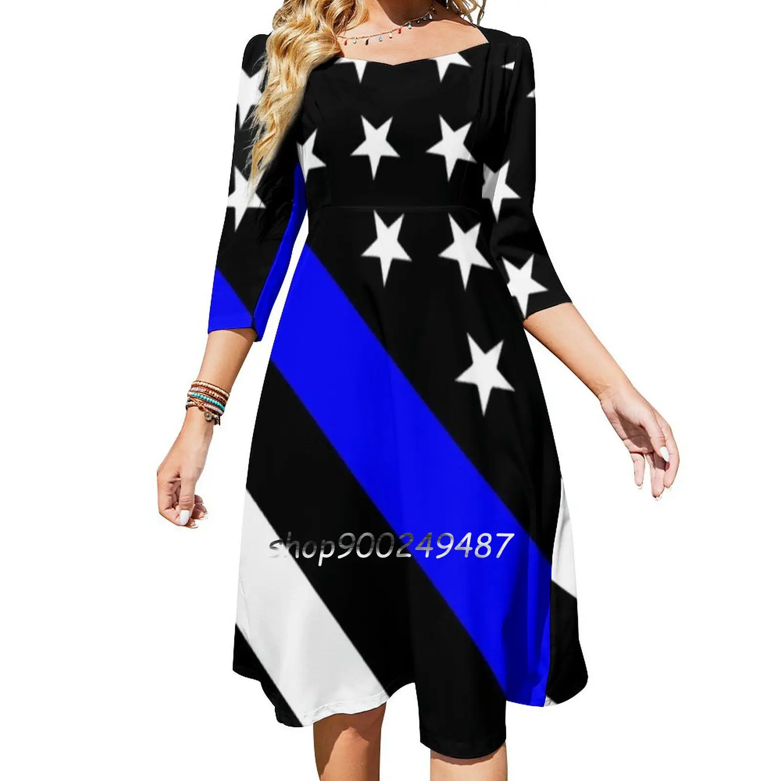 Police : Black Flag & The Thin Blue Line Square Neck Dress Cute Loose Print Dresses Elegant Beach Party Dress Black Blue Career