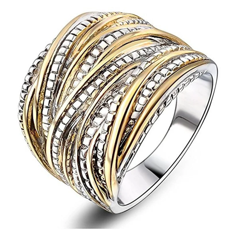 Ofertas Micro Inlaid Zircon Winding Multilayer Gold Color Geometric Irregular Two-tone Ring for Women Party Jewelry Accessories