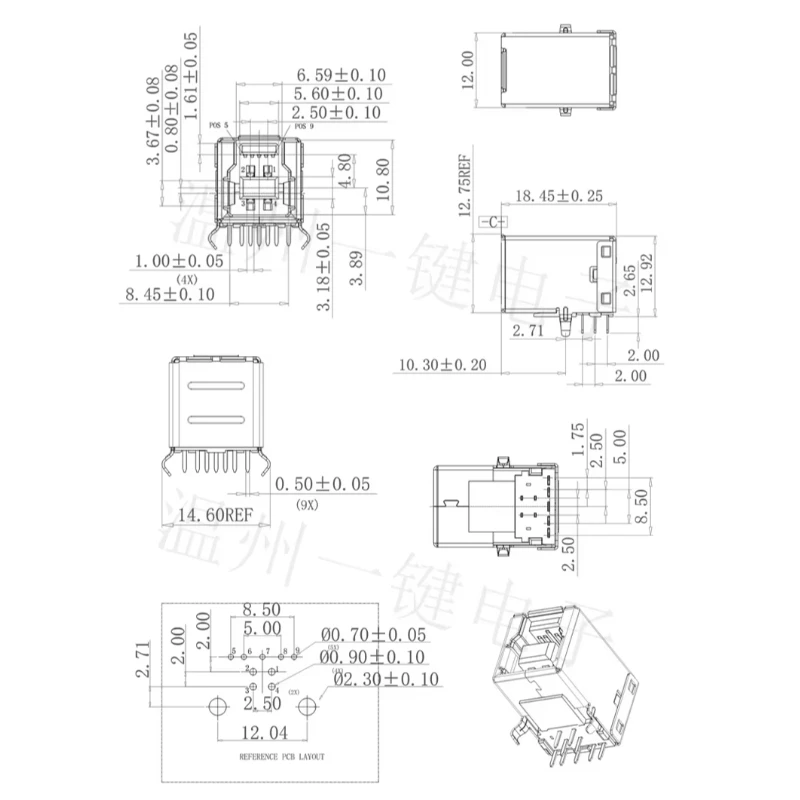 3.0 USB female base blue rubber square port B female 90 degree horizontal printer interface elbow connector straight plug