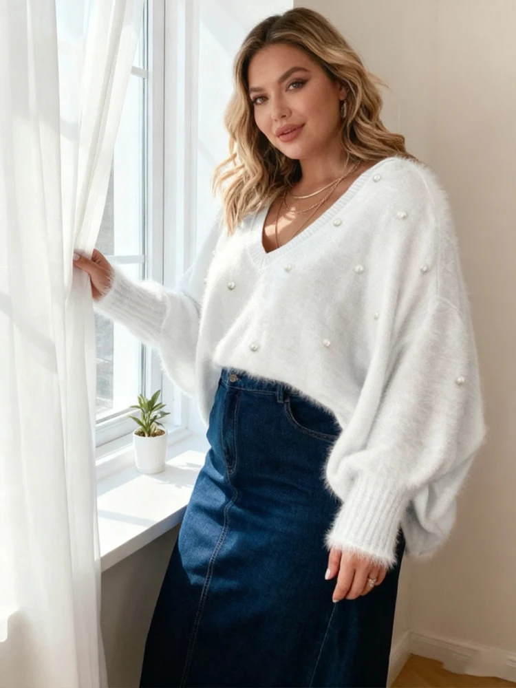 جديد حجم كبير الخريف الشتاء النساء الملابس الصلبة الخامس الرقبة مطرز سترة كل مباراة أنيقة اللؤلؤ البلوز الأعلى Kpop فضفاض الساخن Seler #6