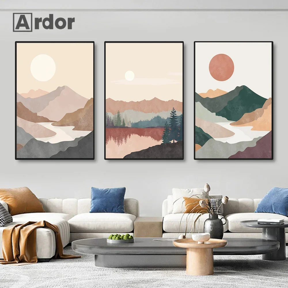 

Mid Century Abstract Boho Mountain Lake Sun Scene Posters Canvas Painting Wall Art Print Picture Living Room Home Interior Decor