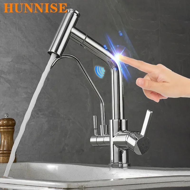 3 Way Touch Filter Kitchen Mixer Faucet with Pull Down Sprayer Hot Cold Kitchen Sink Tap Sensor Touch on Pull Out Kitchen Faucet