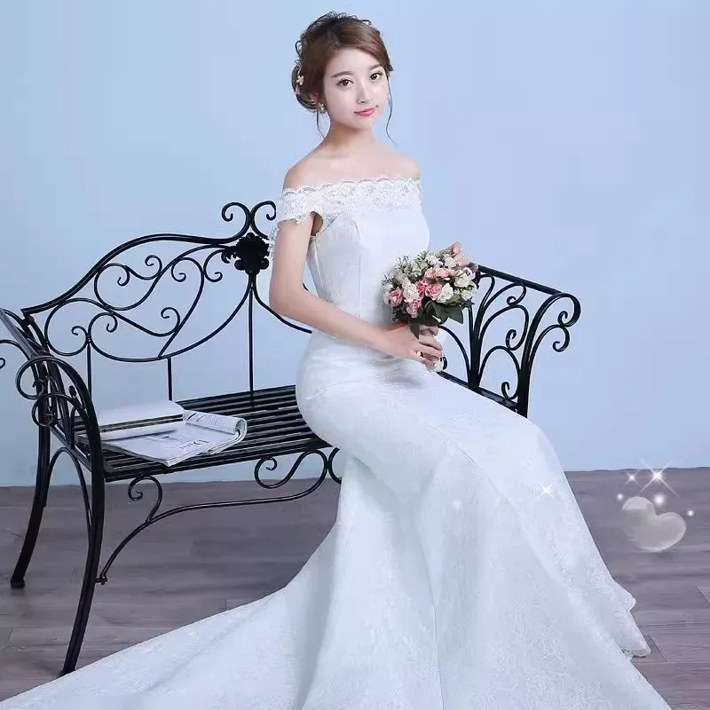 Wedding Dress Simple Cheap White Lace Applique Off the Shoulder Mermaid Trumpet Trailing Floor-length Plus size Bride Gown XN085