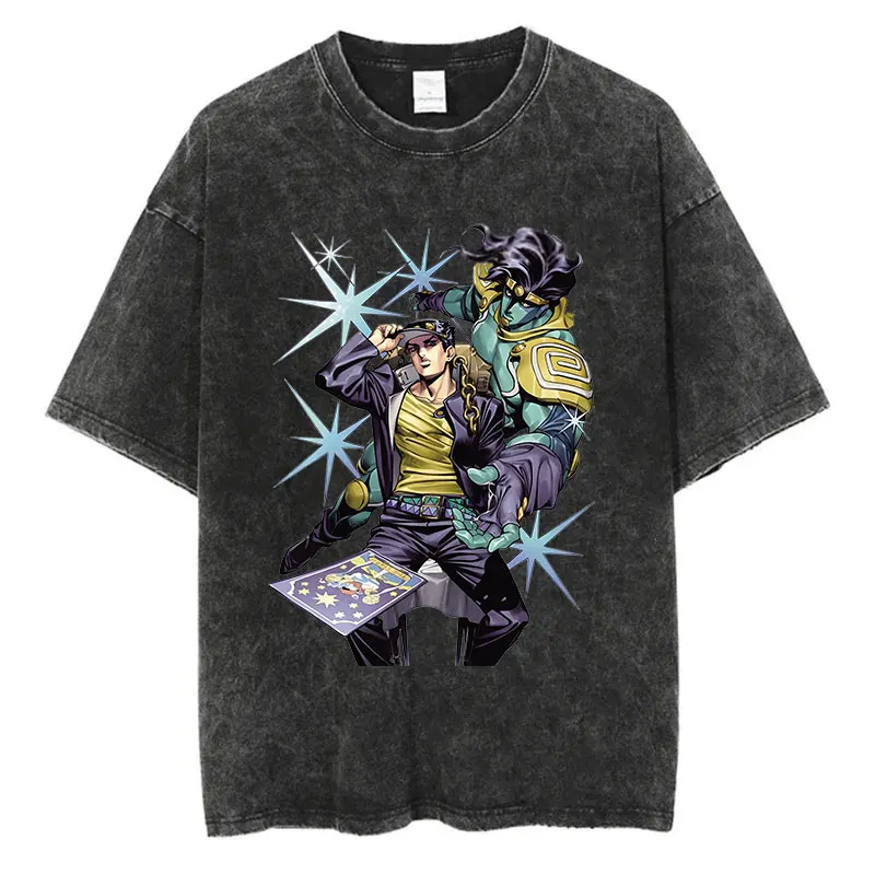 Vintage Washed TShirt Men Summer Hip Hop Streetwear T-shirt JoJo Bizarre Adventure Anime Print Cotton Casual Short Sleeve Tshirt